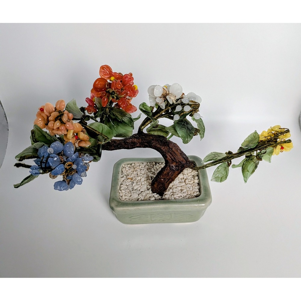 Vintage Chinese Jade Stone Glass Bonsai Mineral Tree Multi Color - Picture 10 of 11